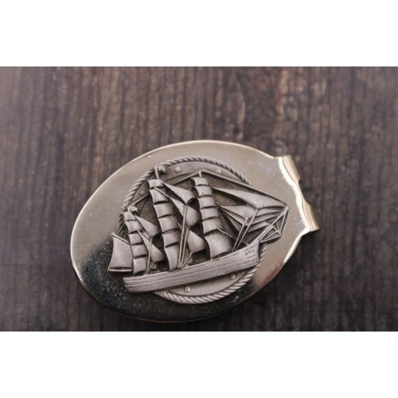 Sailing Ship Money Clip Pocket Metal Nautical Design Silver Tone Unique Vintage - Picture 4 of 11